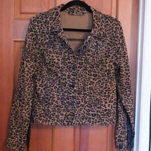 Vintage Womens Cheetah Print Denim Jacket with Leather Fringe